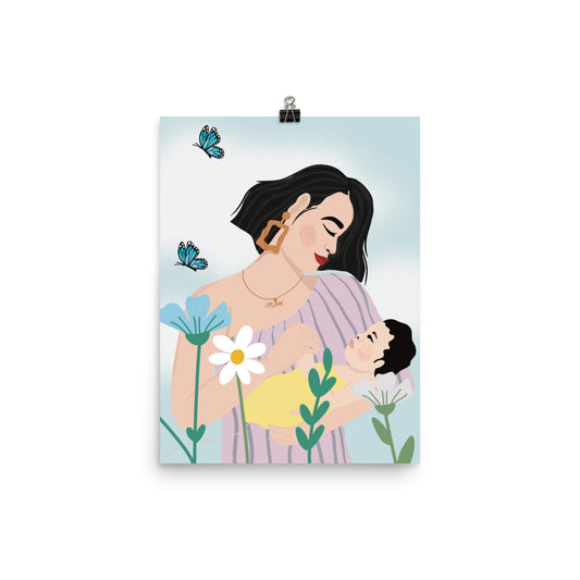 Asian woman with baby & flowers